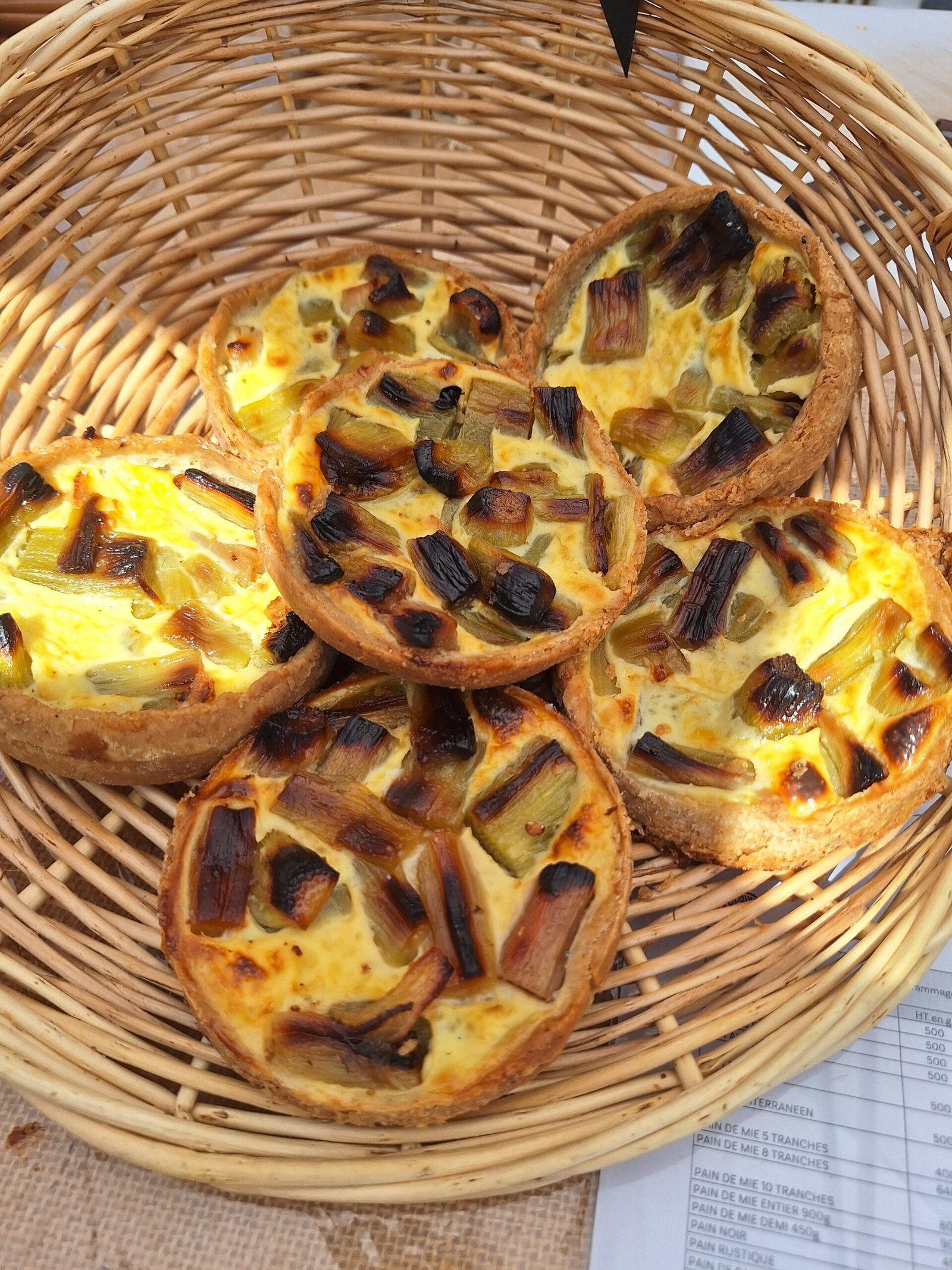 Quiches miniatures aux dés d’aubépine? Non: tartelettes feuilletées avec œufs et légumes, dans un panier en osier. c'est quoi du gluten intégré naturellement.